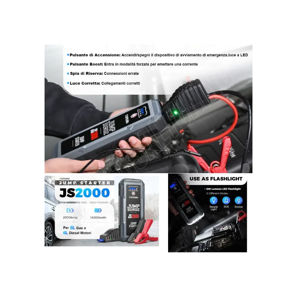 TOPDON JS2000 Avviatore Batteria Auto  2000A 16000mAh DIESEL/BENZINA AUTO, MOTO, CAMION LEGGERI e ALTRI VEICOLI,