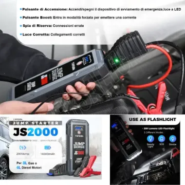 TOPDON JS2000 Avviatore Batteria Auto  2000A 16000mAh DIESEL/BENZINA AUTO, MOTO, CAMION LEGGERI e ALTRI VEICOLI,